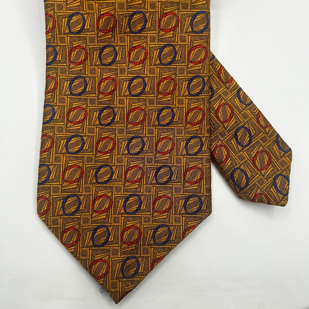 Robert Talbott Studio Silk Tie Gold Blue Red Geometric Abstract Hand Sewn USA